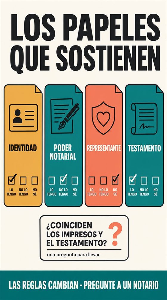 Una mesa doméstica ordenada con documentos importantes, llaves, un teléfono y una carpeta de continuidad, sin información privada legible.