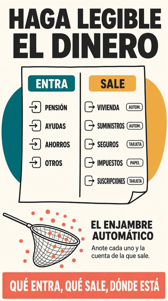 Una persona mayor compara con calma dos opciones en una mesa, con una calculadora y las categorías bien separadas, sin cantidades de dinero a la vista.