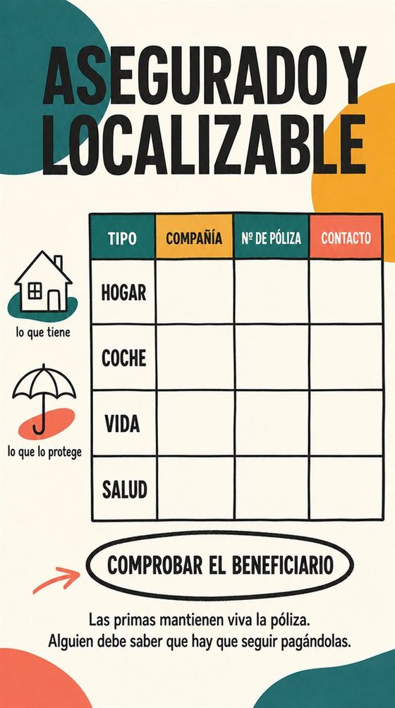 Una mesa doméstica ordenada con documentos importantes, llaves, un teléfono y una carpeta de continuidad, sin información privada legible.