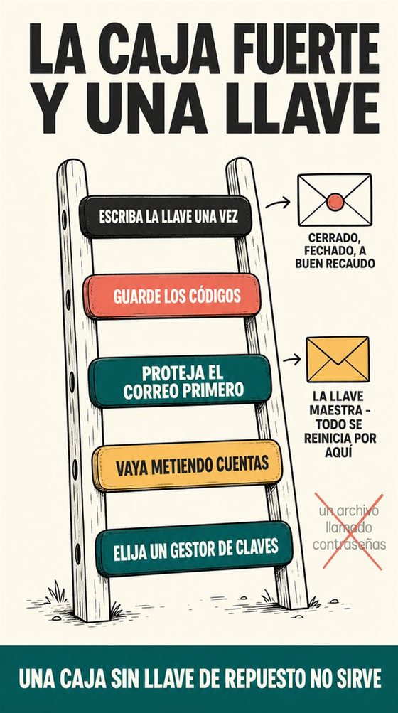 Una persona mayor configura un gestor de contraseñas seguro y un plan de recuperación con alguien de confianza, sin credenciales legibles.
