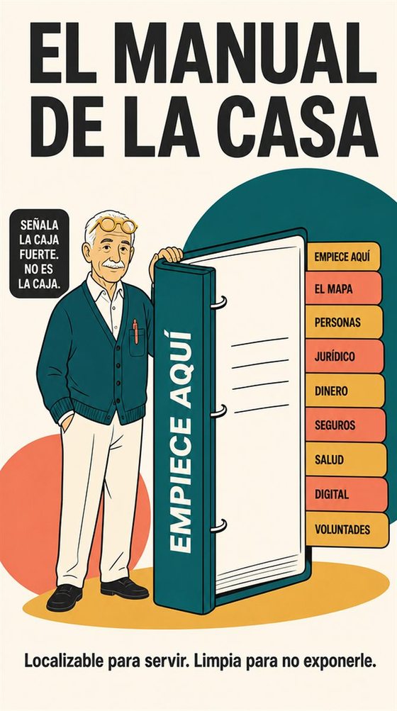 Una mesa doméstica ordenada con documentos importantes, llaves, un teléfono y una carpeta de continuidad, sin información privada legible.