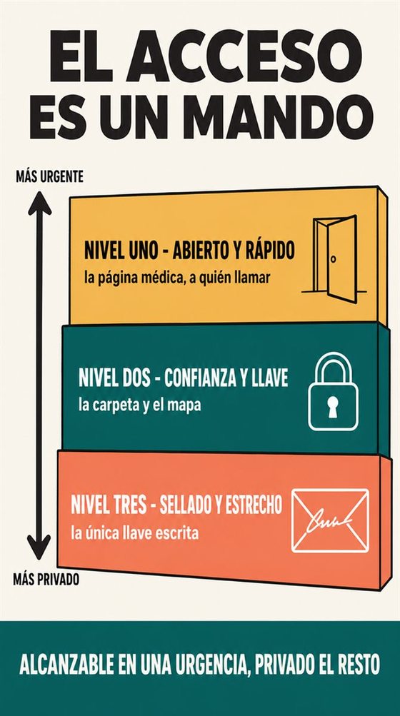 Una persona mayor resuelve la decisión práctica que representa «el acceso de emergencia sin sacrificar la intimidad», con una secuencia clara, un entorno acogedor y herramientas corrientes.
