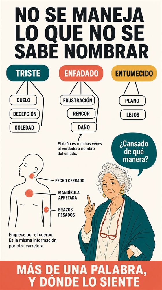 Una persona mayor pone nombre a sus emociones y elige apoyo, con el cuerpo tranquilo y una simbología que no estigmatiza.