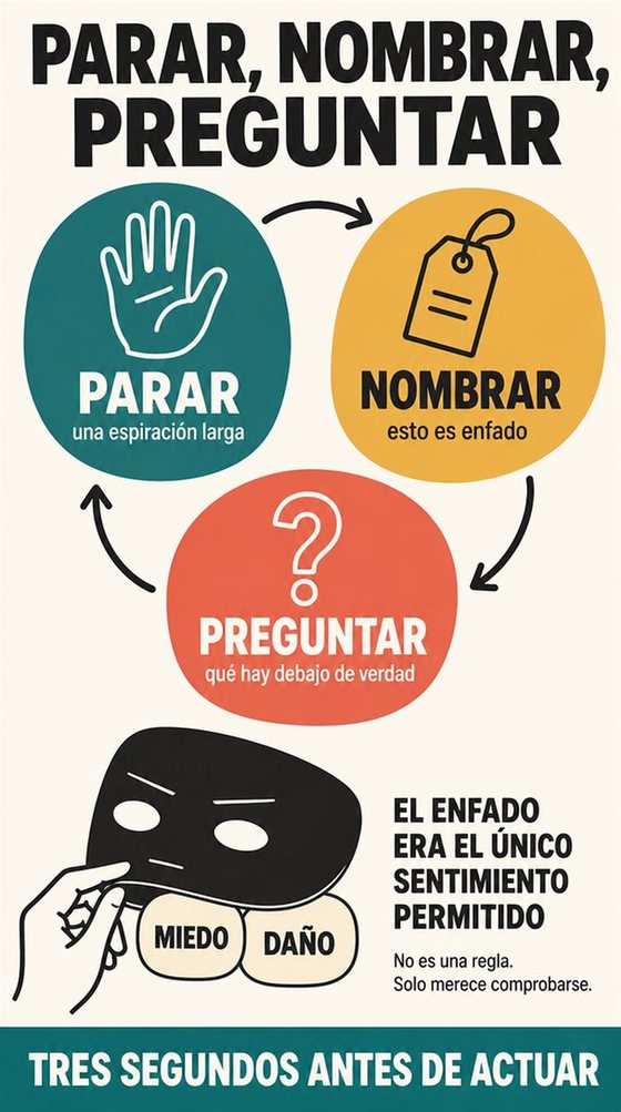 Una persona mayor pone nombre a sus emociones y elige apoyo, con el cuerpo tranquilo y una simbología que no estigmatiza.
