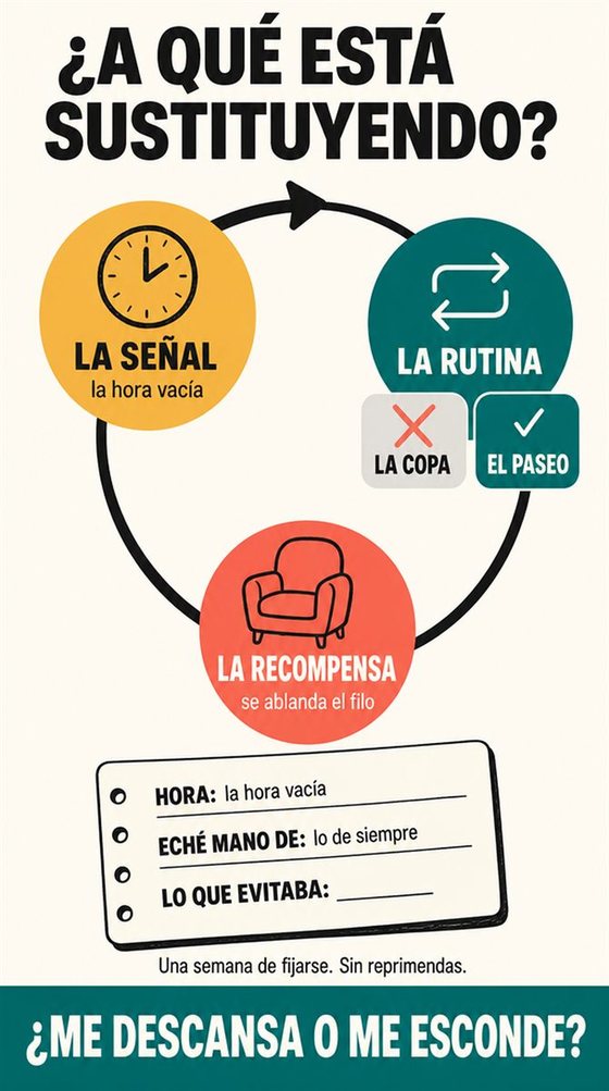 Una persona mayor sustituye el gesto automático de servirse una copa por una rutina de tarde que acompaña y una bebida sin alcohol, con un tono que no juzga.