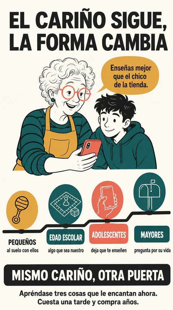 Una persona mayor resuelve paso a paso la decisión práctica que representa «el vínculo a cada edad», en un entorno acogedor y con herramientas cotidianas.