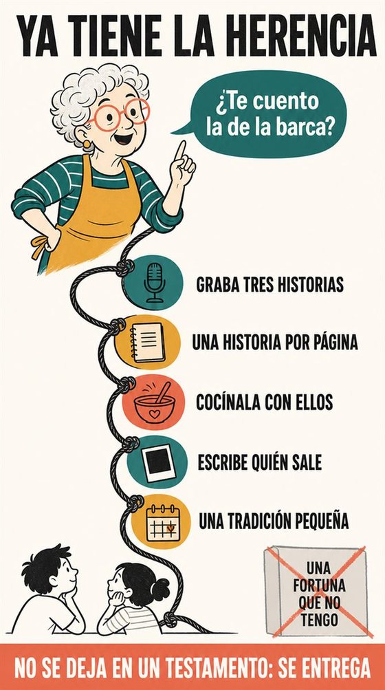 Una persona mayor resuelve paso a paso la decisión práctica que representa «tradiciones, historias y la herencia que de verdad deja», en un entorno acogedor y con herramientas cotidianas.
