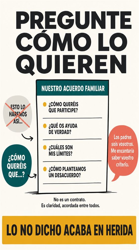 Miembros de una familia, unidos pero distintos, conversan con respeto, con papeles y límites claros.