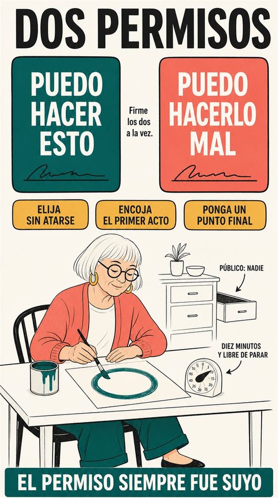 Una persona mayor resuelve la decisión práctica que representa «permiso para empezar», con una secuencia clara, un entorno que acompaña y herramientas cotidianas y realistas.