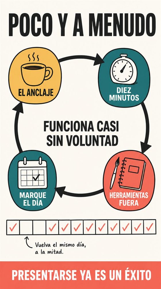 Una persona mayor practica una destreza nueva en sesiones cortas y concentradas, con un progreso visible a lo largo de varios intentos.