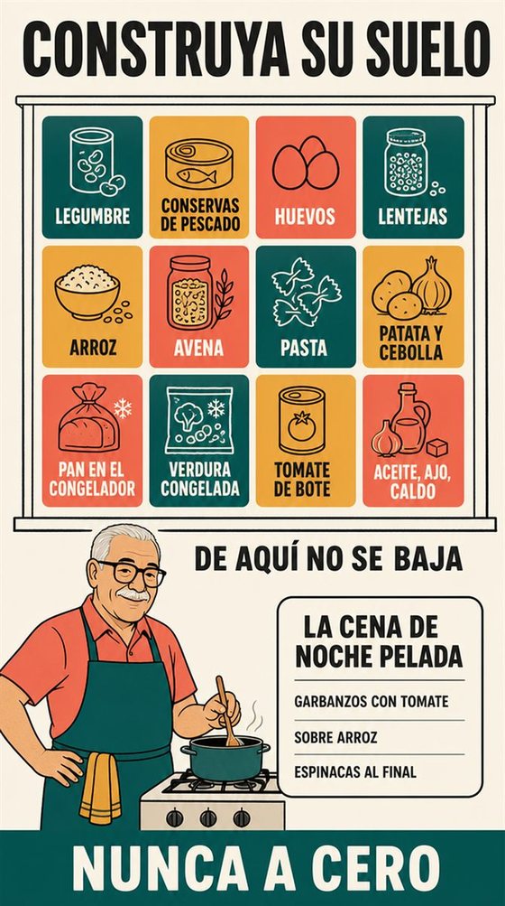 Una persona mayor prepara una comida práctica y llena de color para uno o dos, con ingredientes corrientes y una encimera despejada.