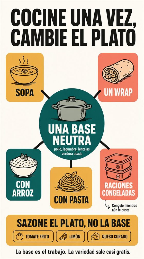 Una persona mayor prepara una comida práctica y llena de color para uno o dos, con ingredientes corrientes y una encimera despejada.