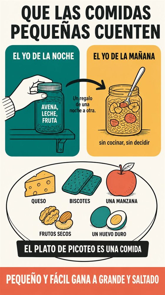 Una persona mayor resuelve la decisión práctica que representan «los desayunos y las comidas que cuentan», con una secuencia clara, un entorno acogedor y utensilios corrientes.