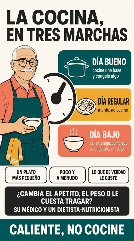 Una persona mayor prepara una comida práctica y llena de color para uno o dos, con ingredientes corrientes y una encimera despejada.
