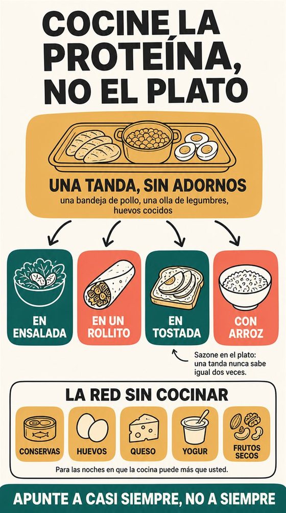 Una persona mayor prepara una comida práctica y colorida para una o dos personas, con ingredientes fáciles de conseguir y una encimera despejada.