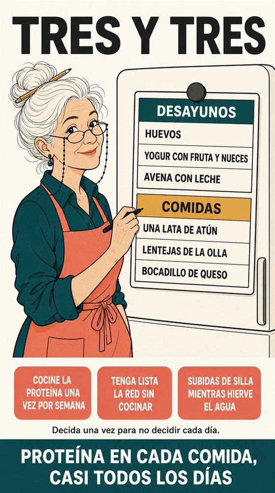 Una persona mayor prepara una comida práctica y colorida para una o dos personas, con ingredientes fáciles de conseguir y una encimera despejada.