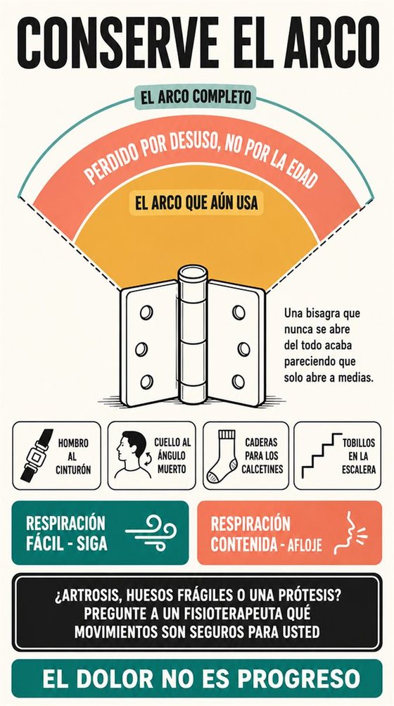 Una persona mayor realiza un movimiento funcional seguro junto a un apoyo firme, en una casa luminosa o en un espacio comunitario.