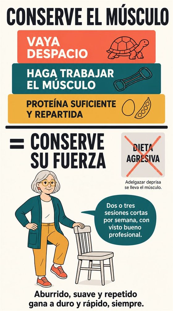 Una persona mayor resuelve la decisión práctica que representa «el plan para conservar el músculo», con una secuencia clara, un entorno que ayuda y utensilios corrientes.