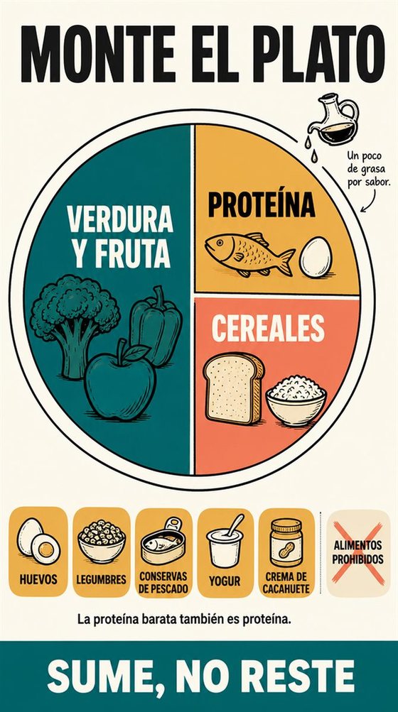 Una persona mayor prepara una comida práctica y llena de color, para uno o para dos, con ingredientes corrientes y la encimera despejada.