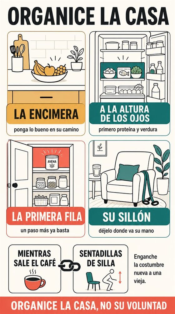 Una persona mayor resuelve la decisión práctica que representa «el entorno y la costumbre», con una secuencia clara, un entorno que ayuda y utensilios corrientes.