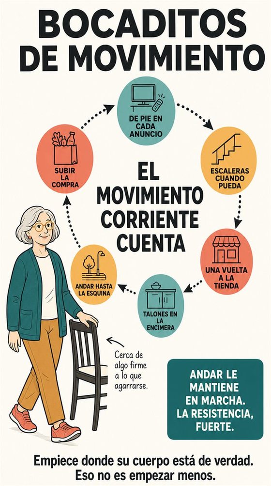 Una persona mayor realiza un movimiento funcional y seguro junto a un apoyo firme, en una casa luminosa o en un espacio comunitario.