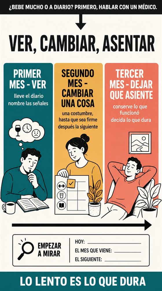 Una persona mayor sustituye una señal automática de beber por una rutina de tarde que la sostiene y por una bebida sin alcohol, en un tono que no juzga.