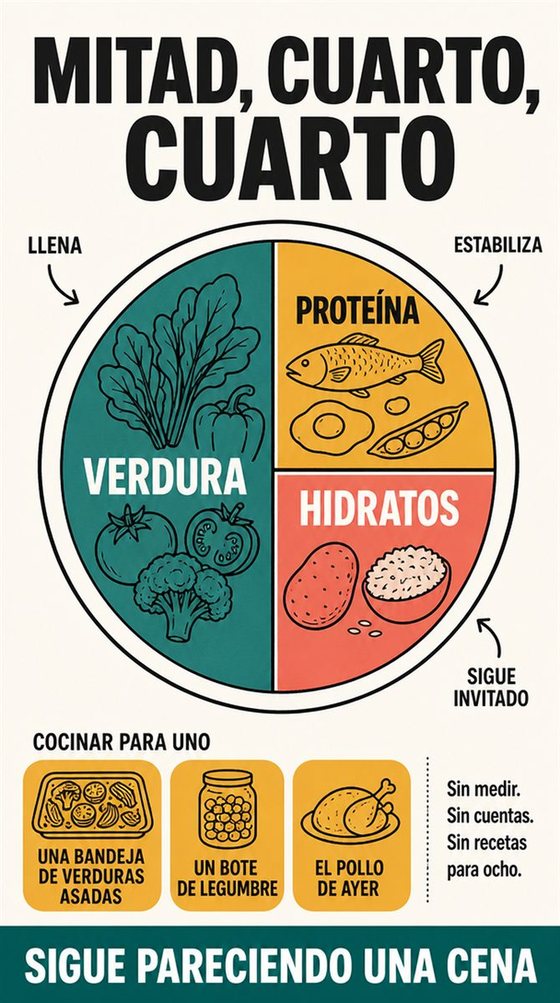 Una persona mayor prepara una comida práctica y llena de color para una o dos personas, con ingredientes asequibles y una encimera despejada.