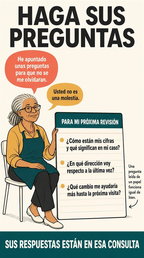 Una persona mayor resuelve la decisión práctica que representan las «preguntas para la próxima revisión», con una secuencia clara, un entorno que acompaña y herramientas corrientes.