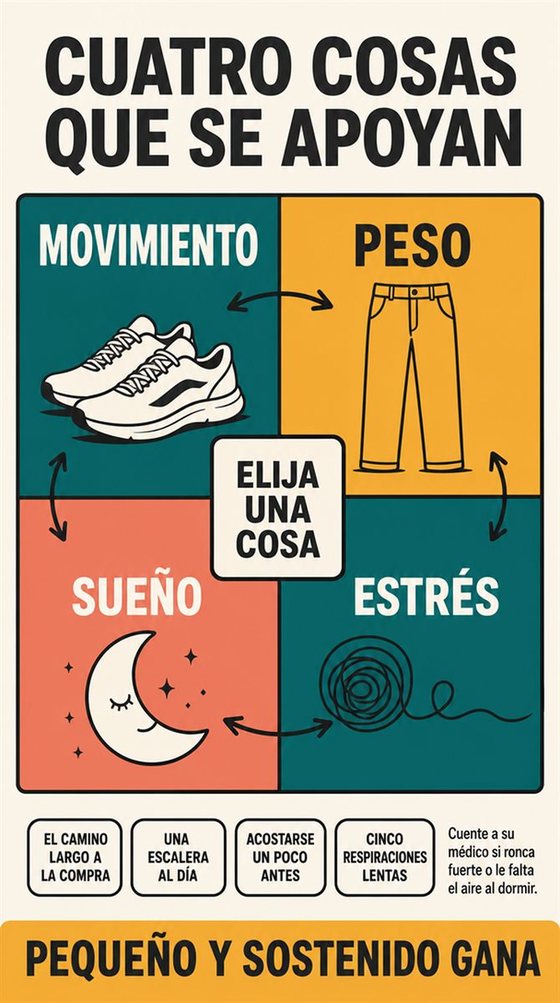 Una persona mayor clasifica sus cosas en categorías —quedarse, compartir, vender, donar y soltar— en una habitación luminosa y despejada.