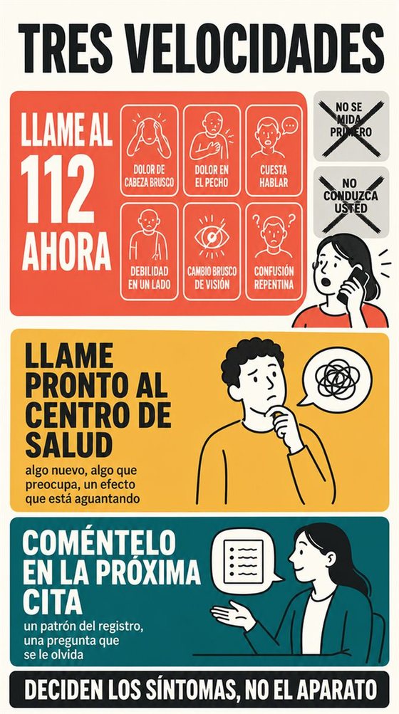 Una persona mayor resuelve la decisión práctica que representa «cuándo pedir ayuda urgente», con una secuencia clara, un entorno amable y herramientas corrientes.