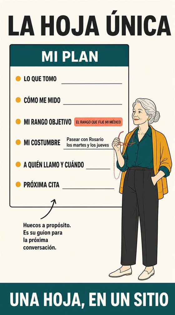 Una persona mayor, bien sentada, se toma la tensión en casa con calma, con los pies apoyados y el brazo descansando.