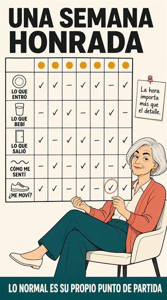 Una persona mayor ajusta las comidas, los líquidos, el movimiento y los horarios para estar más cómoda con su digestión, con un flujo simbólico y suave en lugar de anatomía.