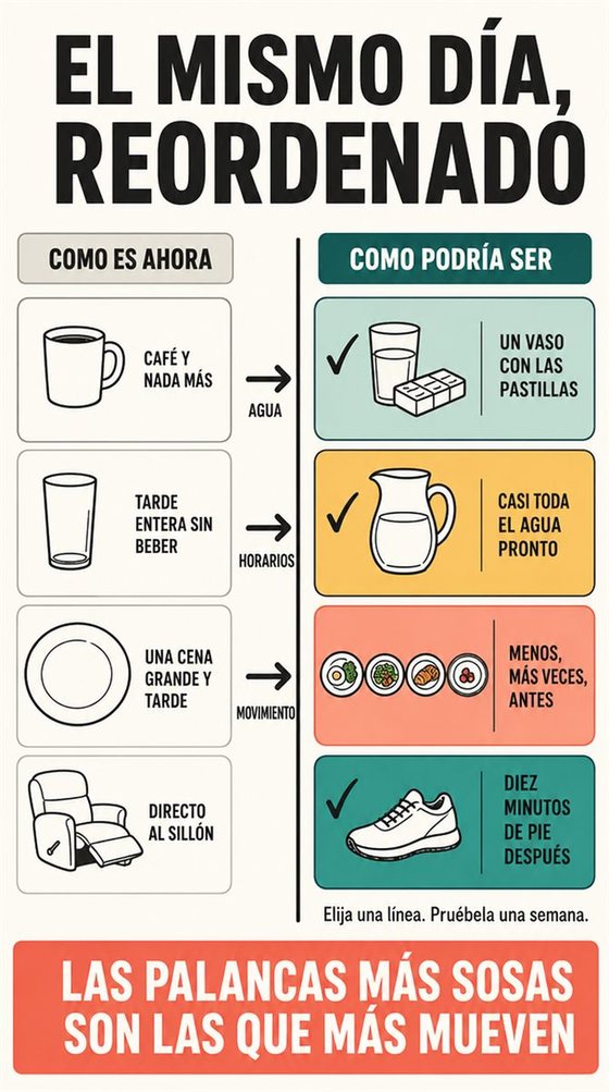 Una persona mayor clasifica sus cosas en categorías —quedarse, compartir, vender, donar y soltar— en una habitación luminosa y despejada.