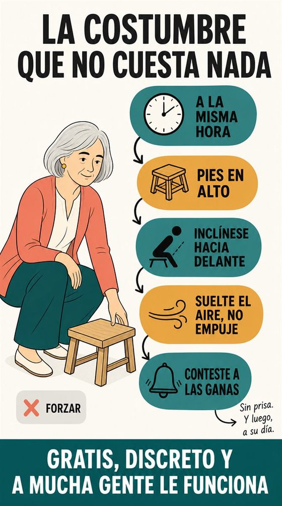 Una persona mayor ajusta las comidas, los líquidos, el movimiento y los horarios para estar más cómoda con su digestión, con un flujo simbólico y suave en lugar de anatomía.