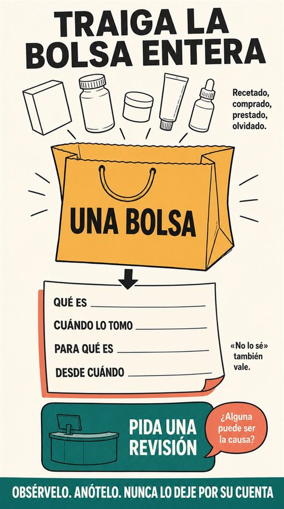 Una persona mayor y un farmacéutico repasan juntos la lista completa de medicación y un sistema diario bien organizado.