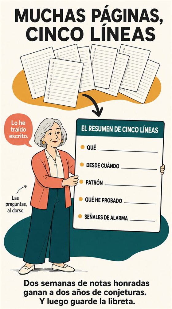 Una persona mayor resuelve la decisión práctica que representa «un registro de síntomas que su médico pueda usar», con una secuencia clara, un entorno amable y objetos cotidianos y realistas.