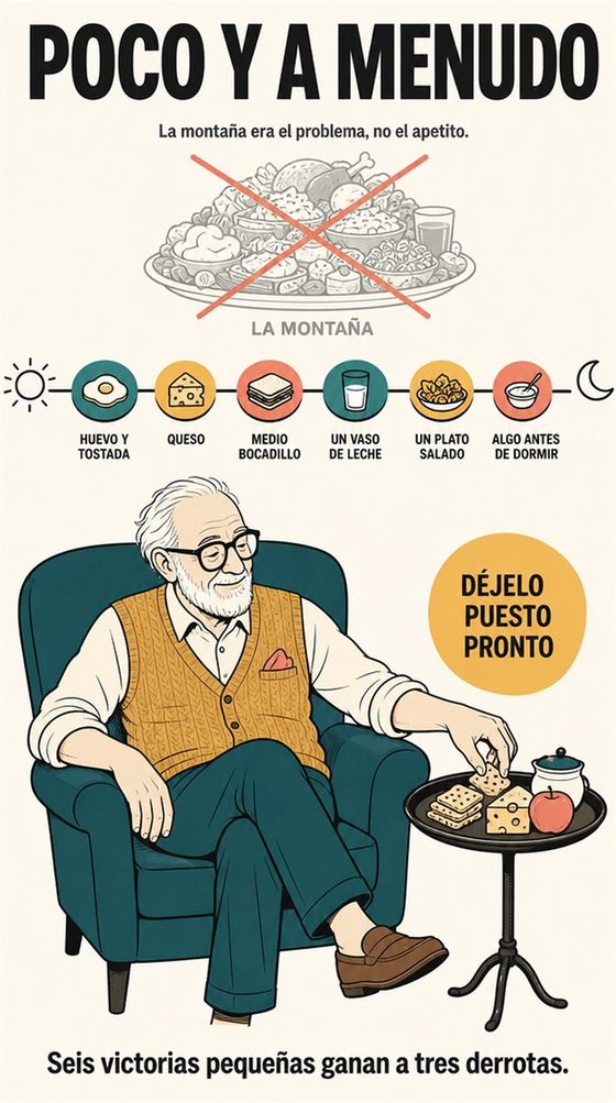 Una persona mayor prepara una comida práctica y de colores vivos para una o dos personas, con ingredientes fáciles de conseguir y una encimera despejada.