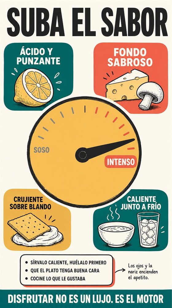 Una persona mayor resuelve la decisión práctica que representa «sabor, olfato y disfrute», con una secuencia clara, un entorno acogedor y utensilios cotidianos y realistas.