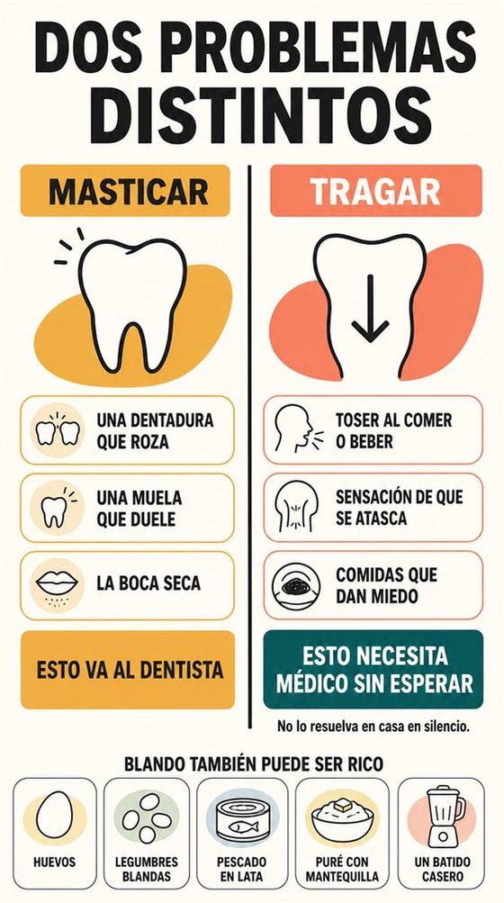 Una persona mayor resuelve la decisión práctica que representa «masticar y tragar», con una secuencia clara, un entorno acogedor y utensilios cotidianos y realistas.