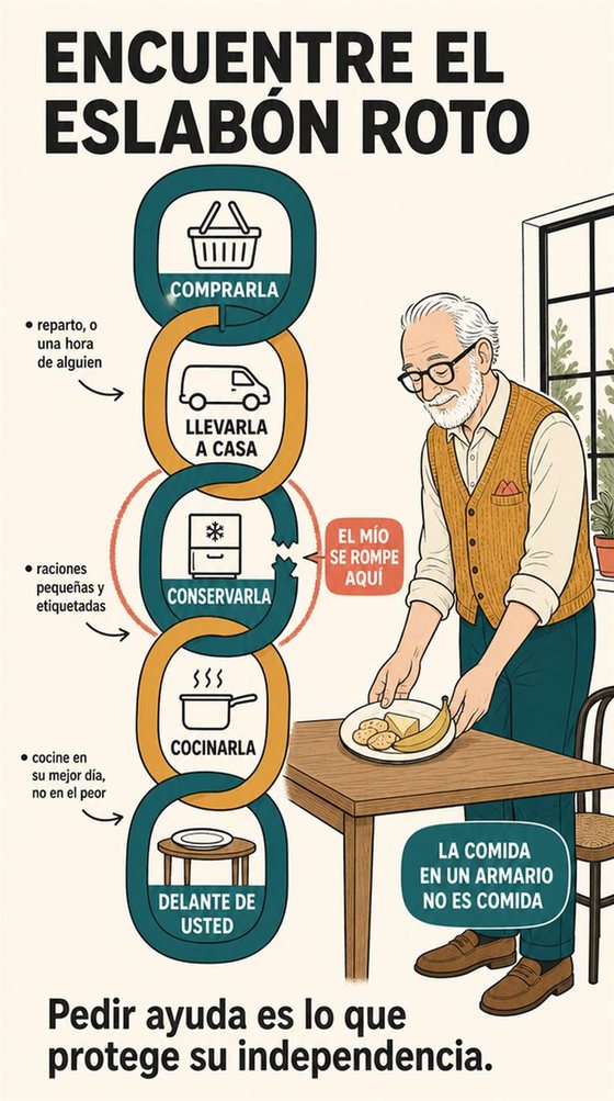 Una persona mayor usa una tableta para convertir una pregunta práctica en una respuesta clara, con señales visuales sencillas de pregunta, ajuste y comprobación.