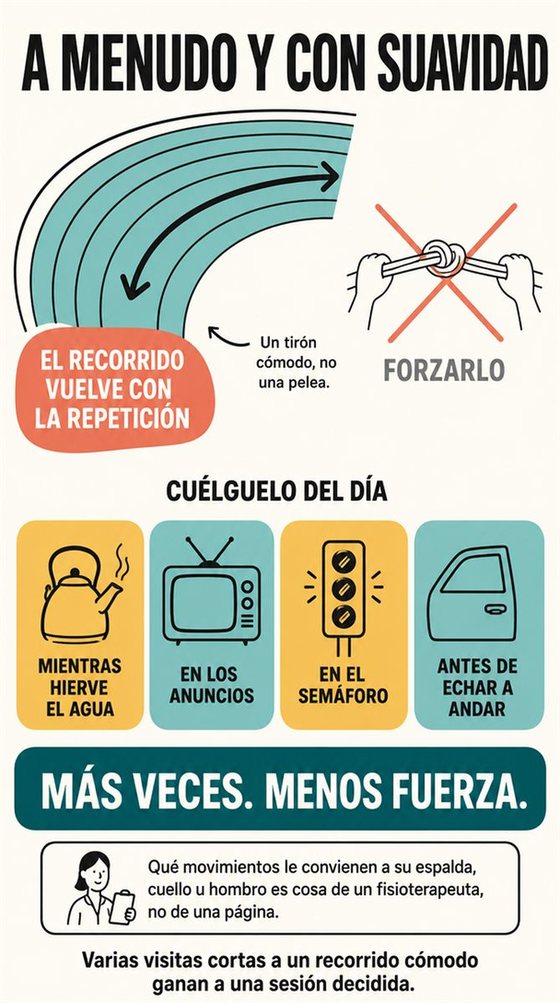Una persona mayor realiza un movimiento funcional seguro junto a un apoyo firme, en una casa luminosa o en una sala comunitaria.