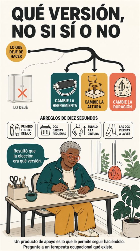 Una persona mayor resuelve la decisión práctica que representa «trabajo, aficiones, viajes y adaptaciones de la vida real», con una secuencia clara, un entorno acogedor y objetos cotidianos realistas.