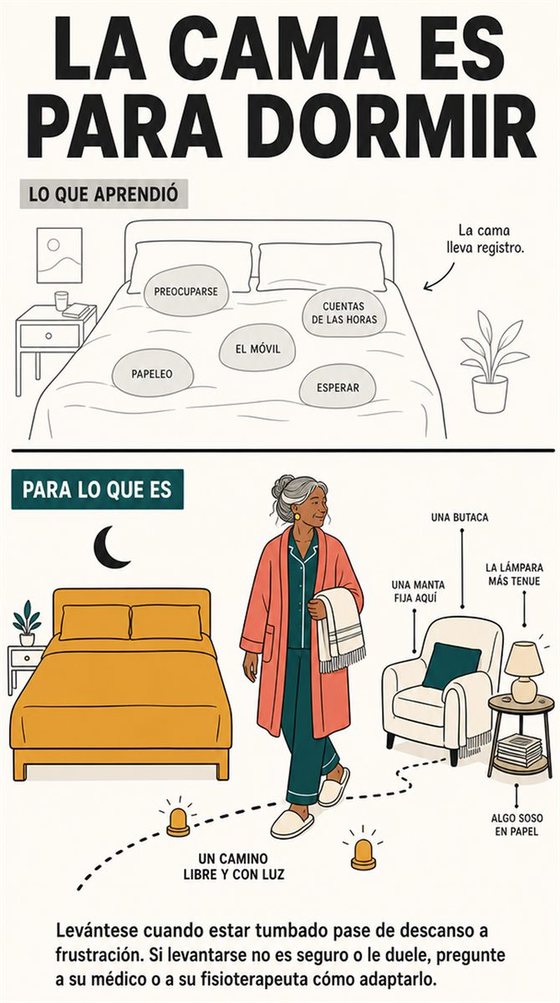 Una persona mayor sigue una rutina tranquila desde la tarde hasta la cama, con luz tenue, un entorno cómodo y una señal constante para la hora de levantarse.