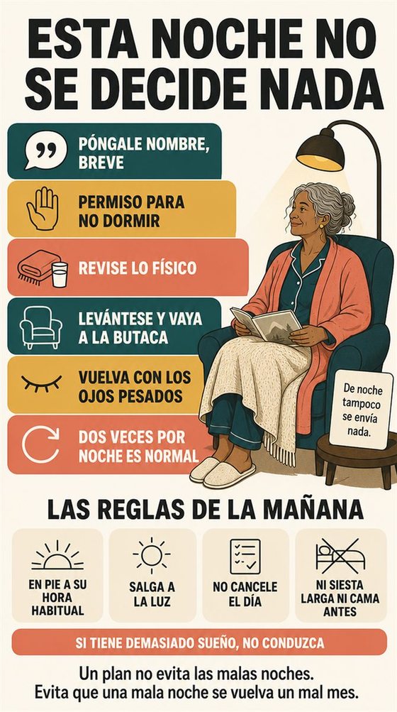 Una persona mayor resuelve la decisión práctica que representa «su plan para las noches difíciles», con una secuencia clara, un entorno que acompaña y objetos corrientes y realistas.