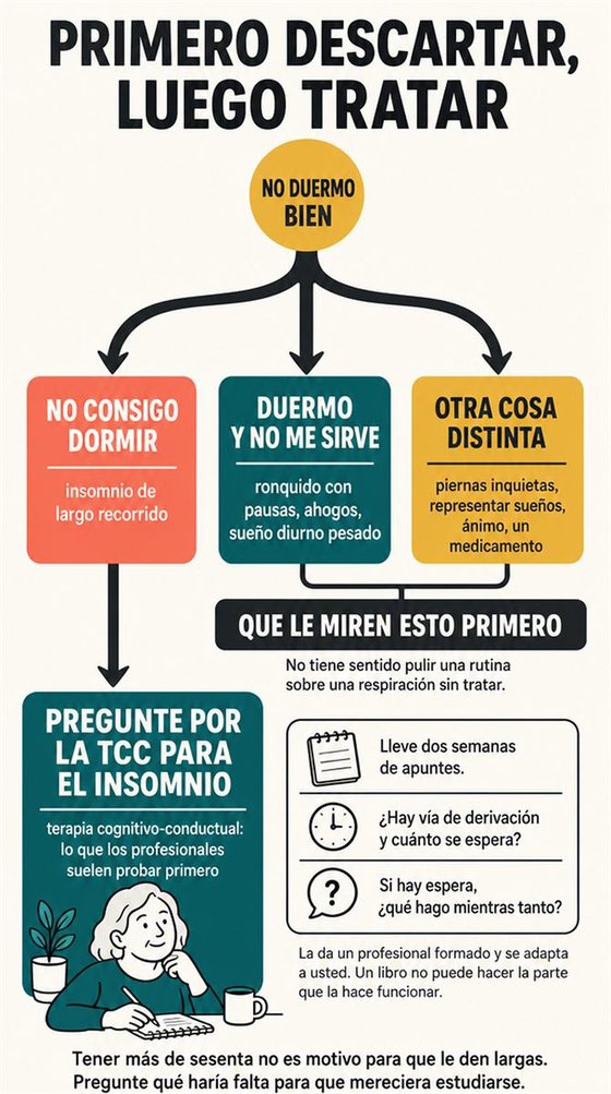 Una persona mayor resuelve la decisión práctica que representa «cuándo puede ayudar la terapia cognitivo-conductual para el insomnio», con una secuencia clara, un entorno que acompaña y objetos corrientes y realistas.