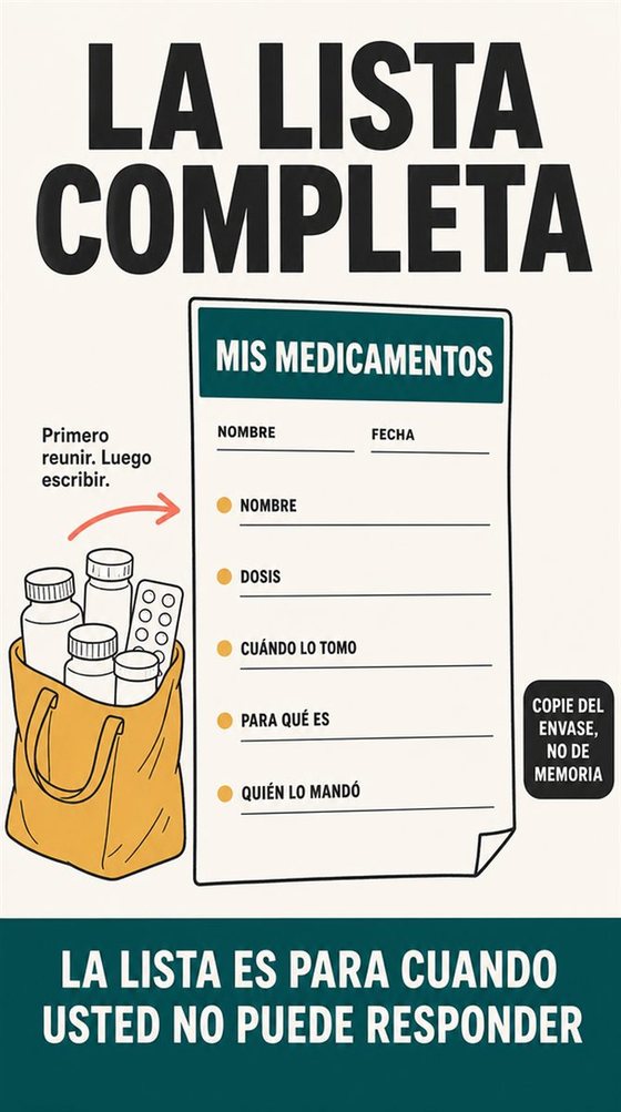 Una persona mayor resuelve la decisión práctica que representa «la lista completa», con una secuencia clara, un entorno amable y objetos cotidianos reales.