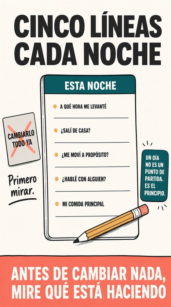 Una persona mayor resuelve la decisión práctica que representa «mes uno: establecer el punto de partida», con una secuencia clara, un entorno acogedor y utensilios corrientes.