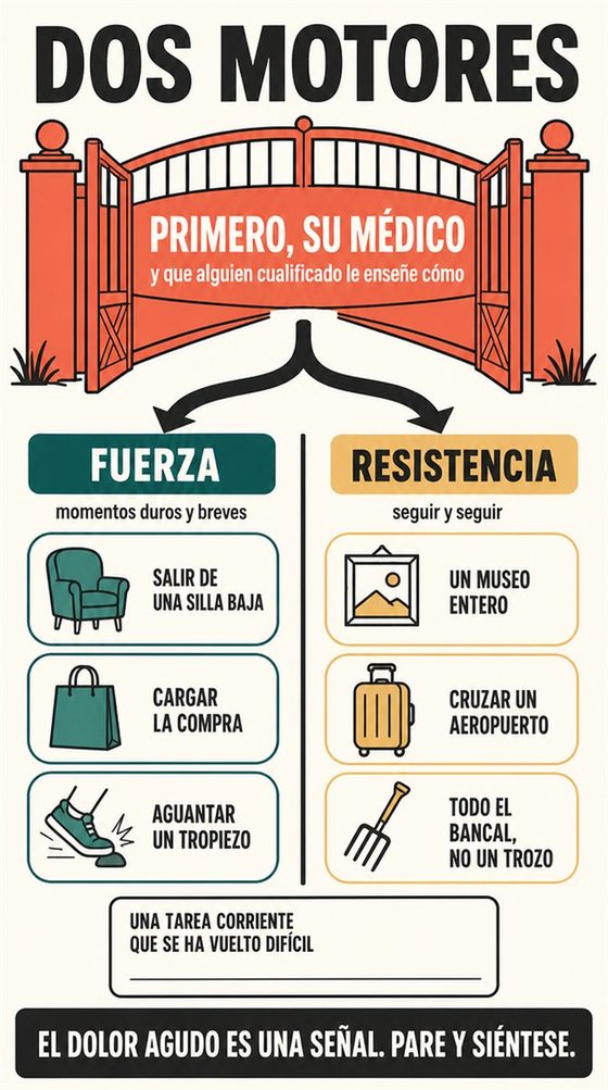 Una persona mayor realiza un movimiento funcional seguro junto a un apoyo firme, en una casa luminosa o en un local comunitario.