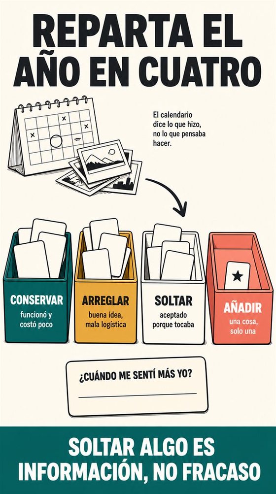 Una persona mayor resuelve la decisión práctica que representa «mes doce: revisar y renovar», con una secuencia clara, un entorno acogedor y utensilios corrientes.