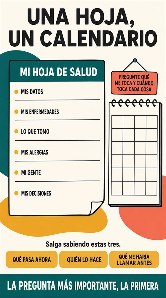 Una persona mayor prepara sus preguntas y una hoja breve con su información antes de una cita médica, sin imágenes de pruebas ni diagnósticos.